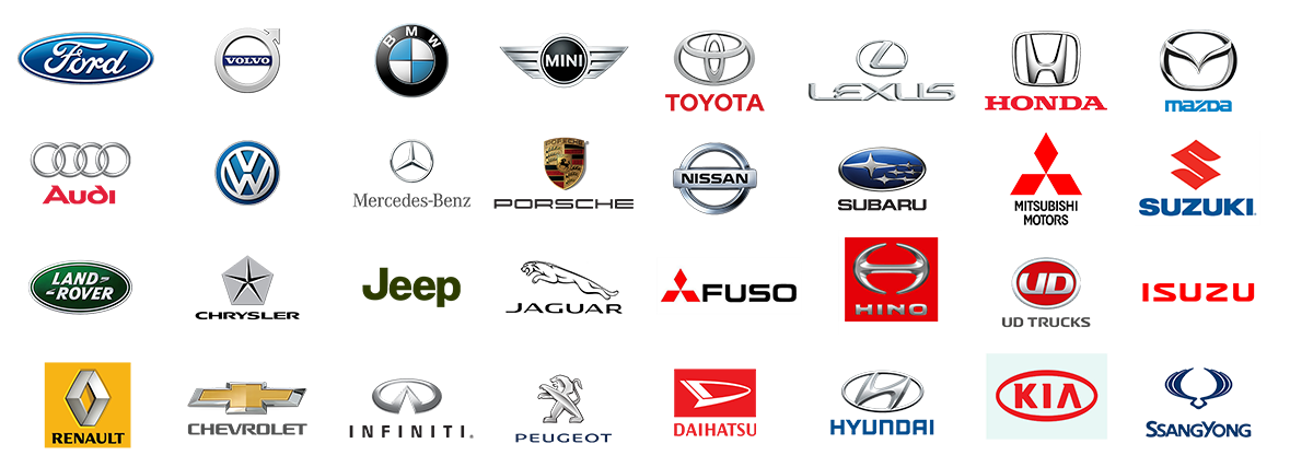 Car brands we buy: Ford, Toyota, Honda, Mazda, BMW, Mercedes-Benz, Nissan, Subaru, Mitsubishi, Suzuki, Isuzu, Hino, Kia, Hyundai and more